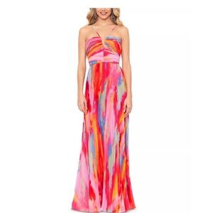 Xscape Women's Sleeveless Halter Neck Abstract Print Gown in Pink Multi